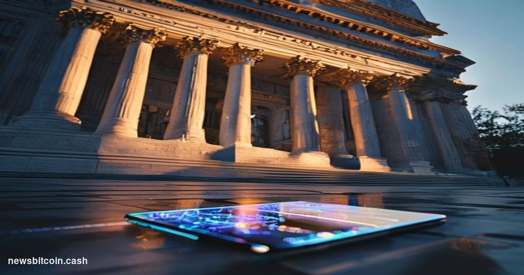 A cinematic photorealistic editorial photograph showing the imposing neoclassical facade of the SEC headquarters building in 