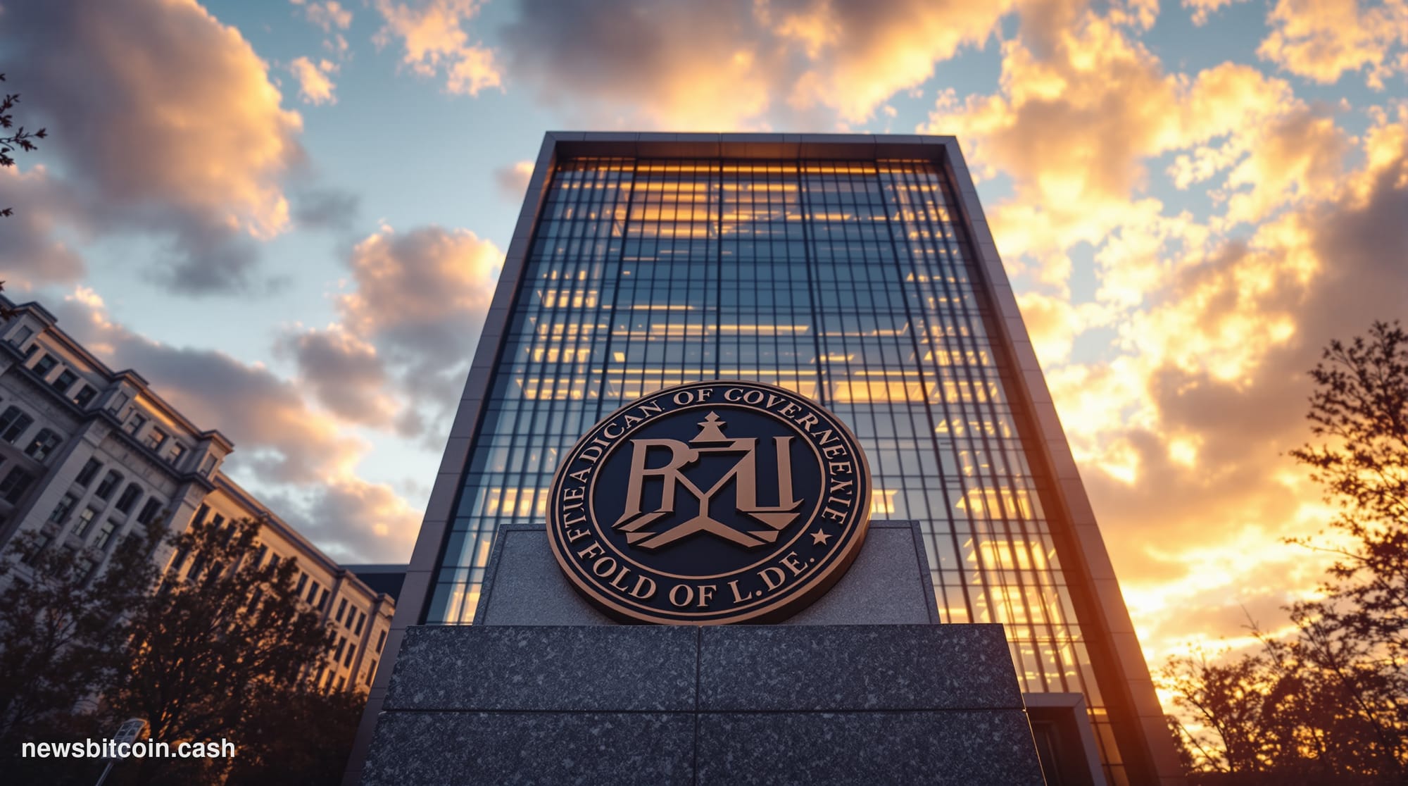 A cinematic photorealistic editorial photograph of the modern glass facade of the SEC headquarters building in Washington D.C