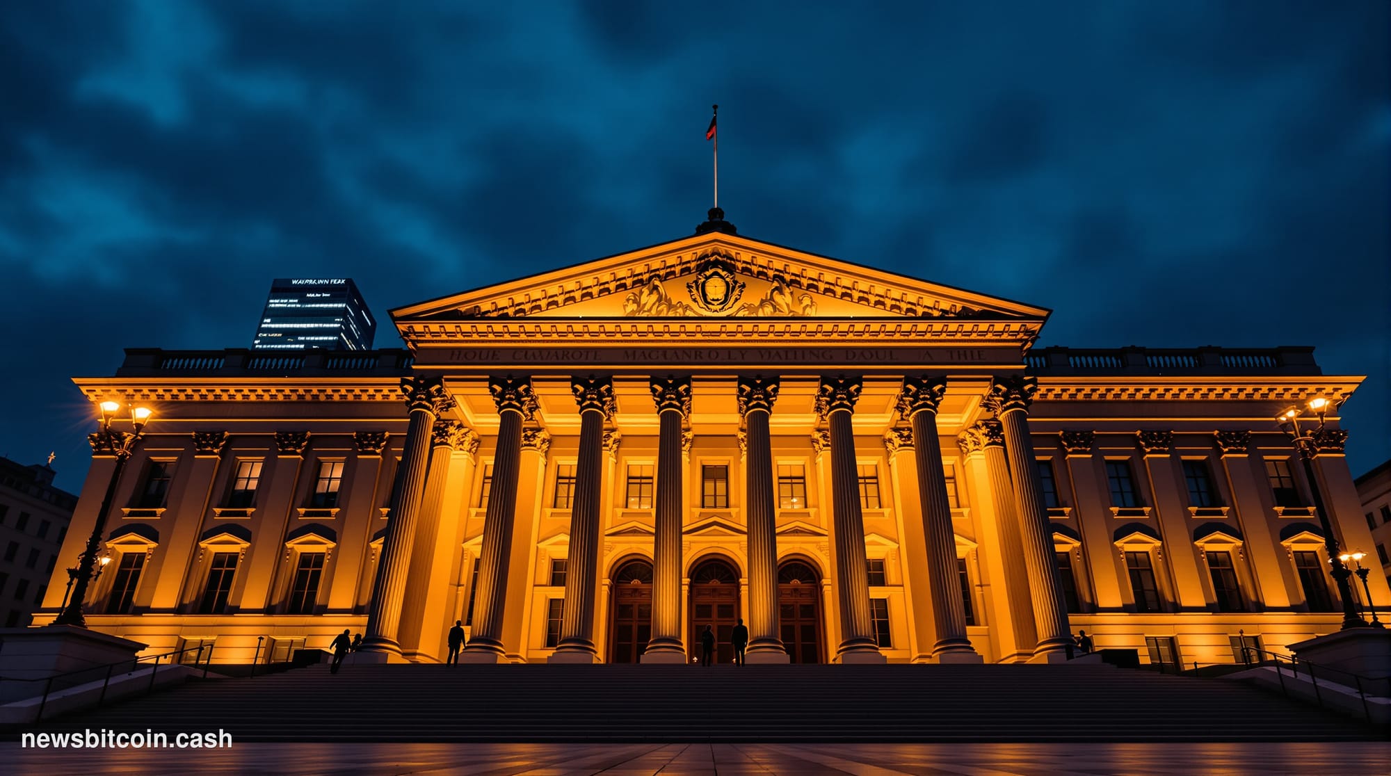 A cinematic photorealistic editorial photograph of the Polish Parliament (Sejm) building in Warsaw at dusk, with its neoclass