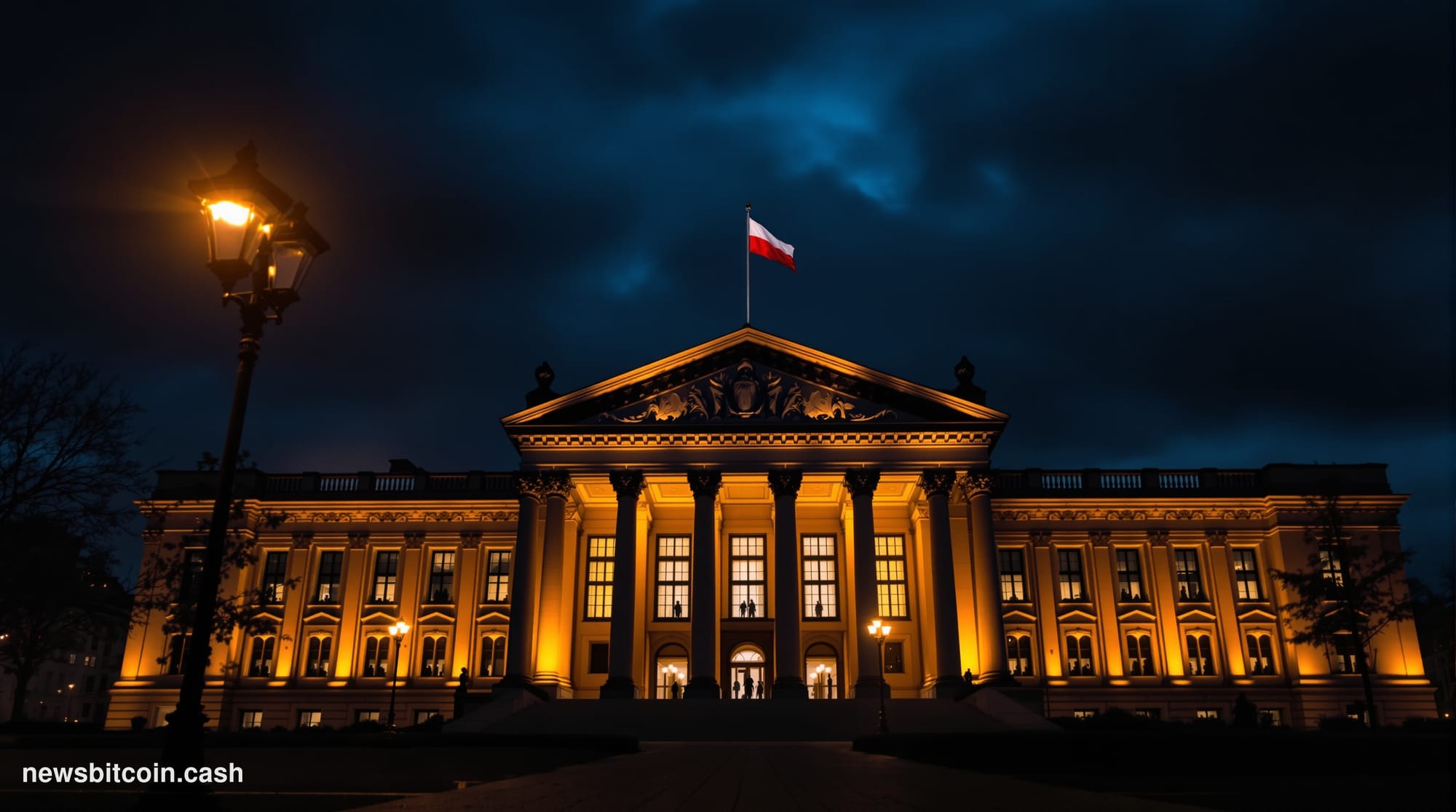 A dramatic photorealistic editorial photograph of the Polish Parliament (Sejm) building in Warsaw at dusk, shot from a low an