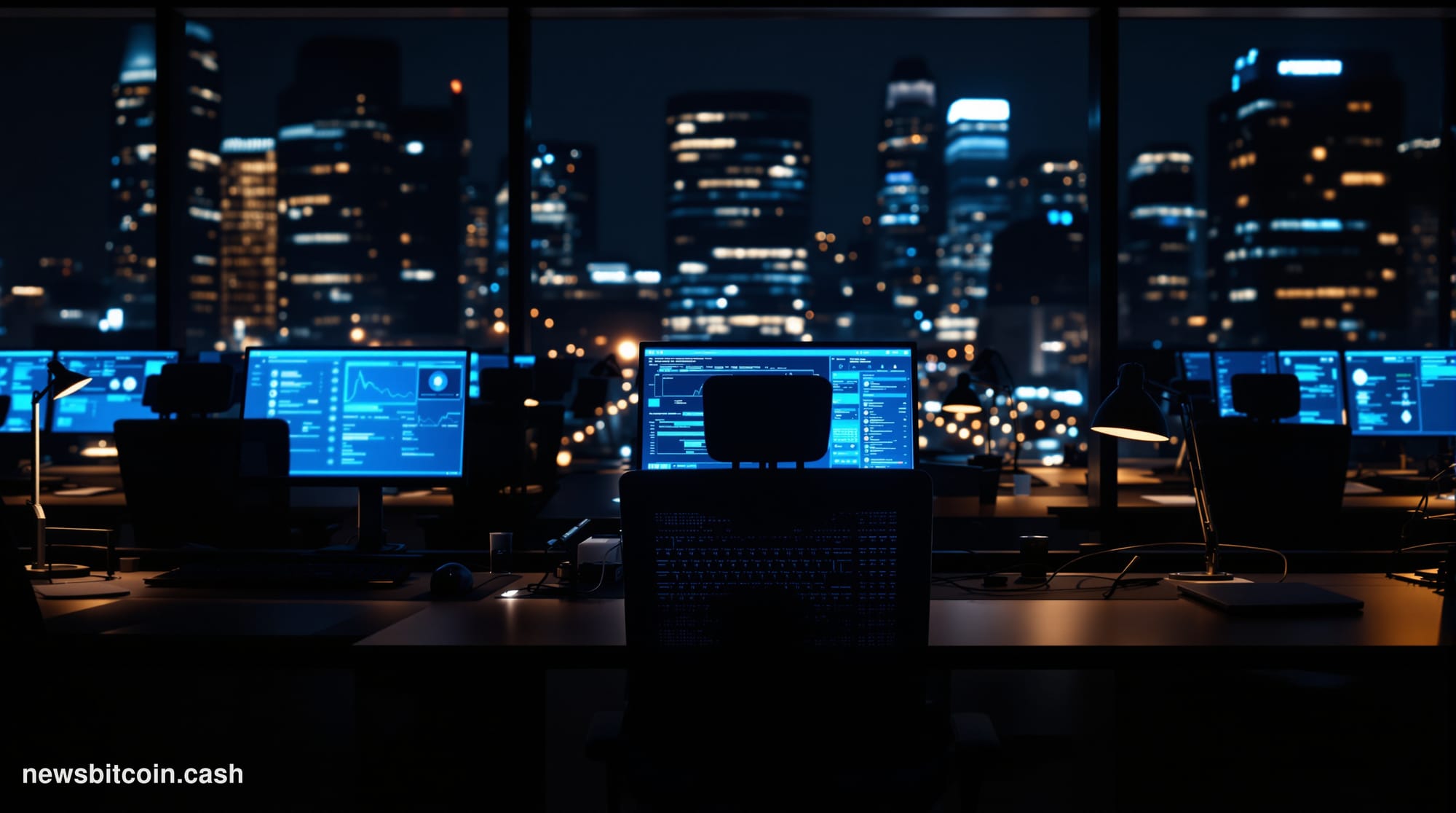 A cinematic photorealistic editorial photograph of a dimly lit modern office environment at night, shot from a low angle thro