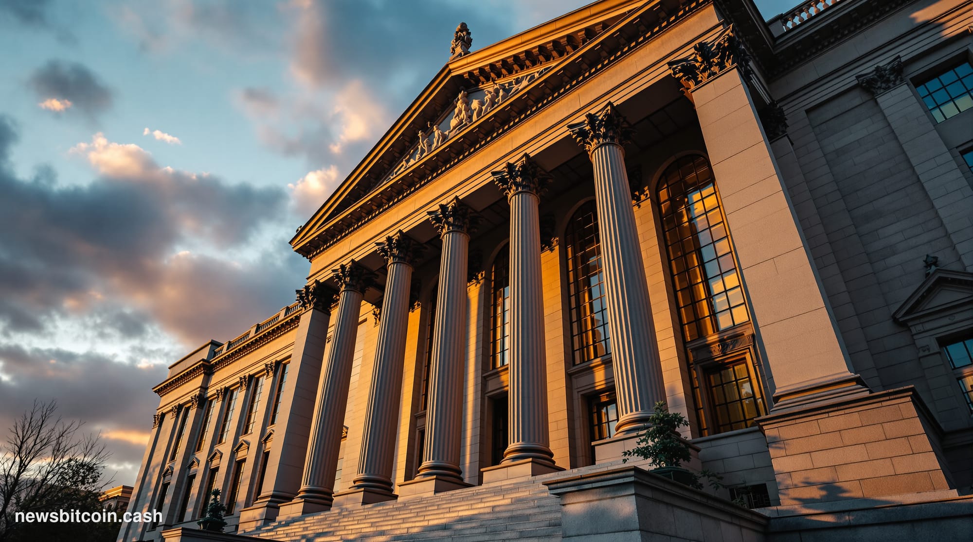 A cinematic photorealistic editorial photograph of the Federal Reserve building in Washington D.C., specifically the iconic M