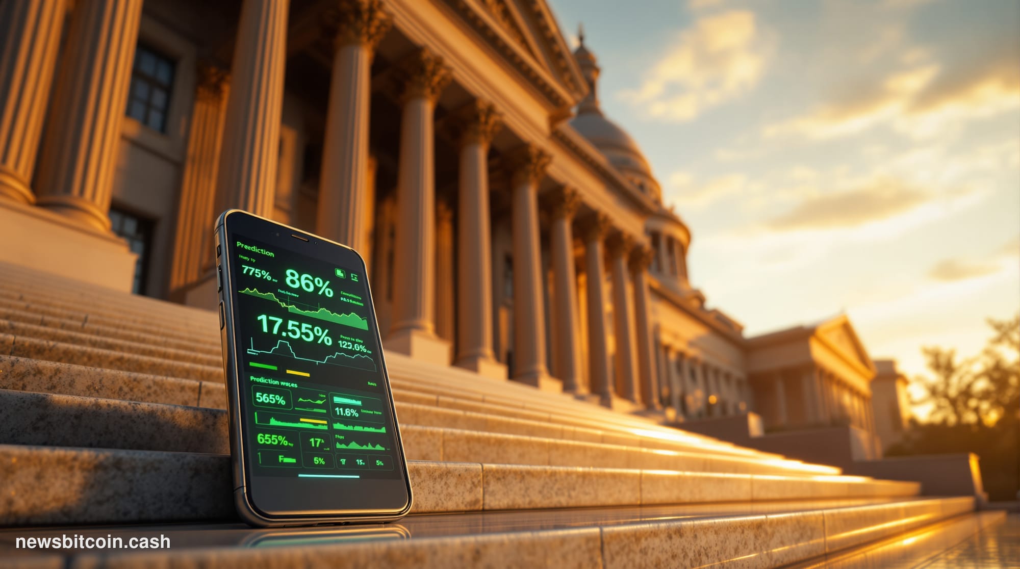 A cinematic photorealistic editorial photograph capturing the intersection of prediction markets and regulatory momentum. Sho