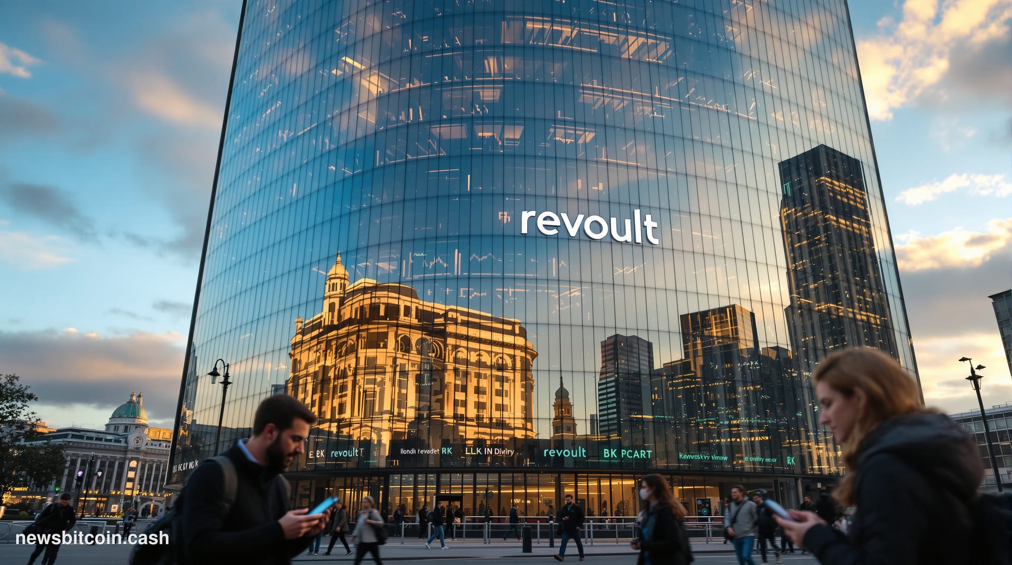 A cinematic photorealistic editorial photograph showing the Revolut headquarters building in London's Canary Wharf financial 