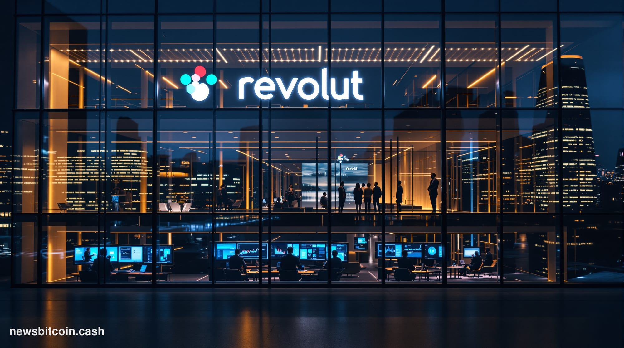 A cinematic photorealistic editorial photograph of Revolut's London headquarters at night, showing the modern glass facade of