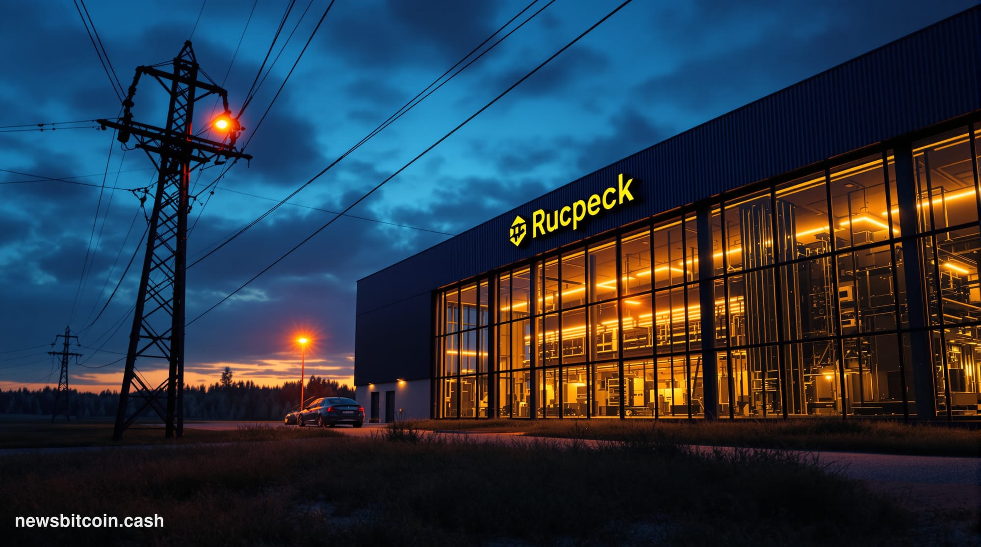 A dramatic cinematic photorealistic editorial photograph of a Russian cryptocurrency mining facility at dusk, shot from a low