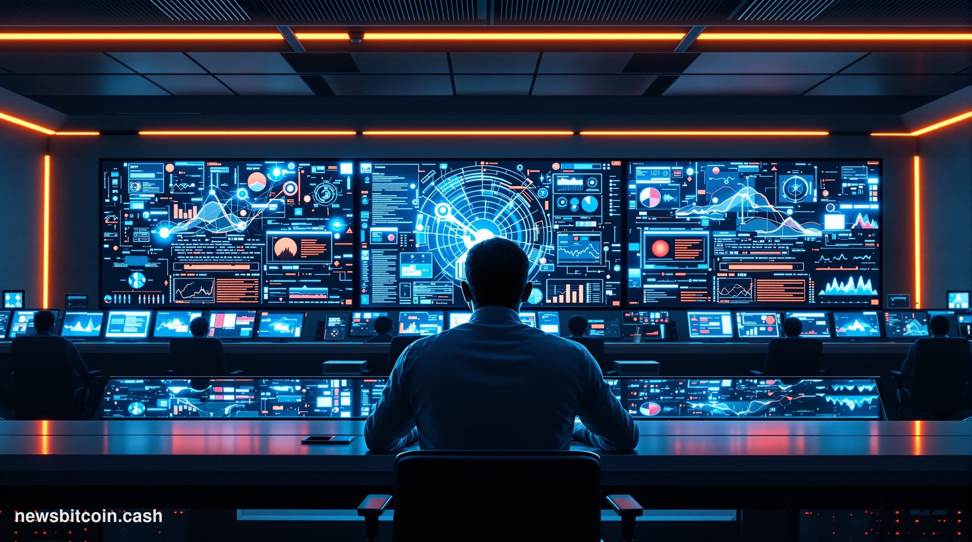 A cinematic photorealistic editorial photograph showing a modern blockchain security operations center with multiple large mo