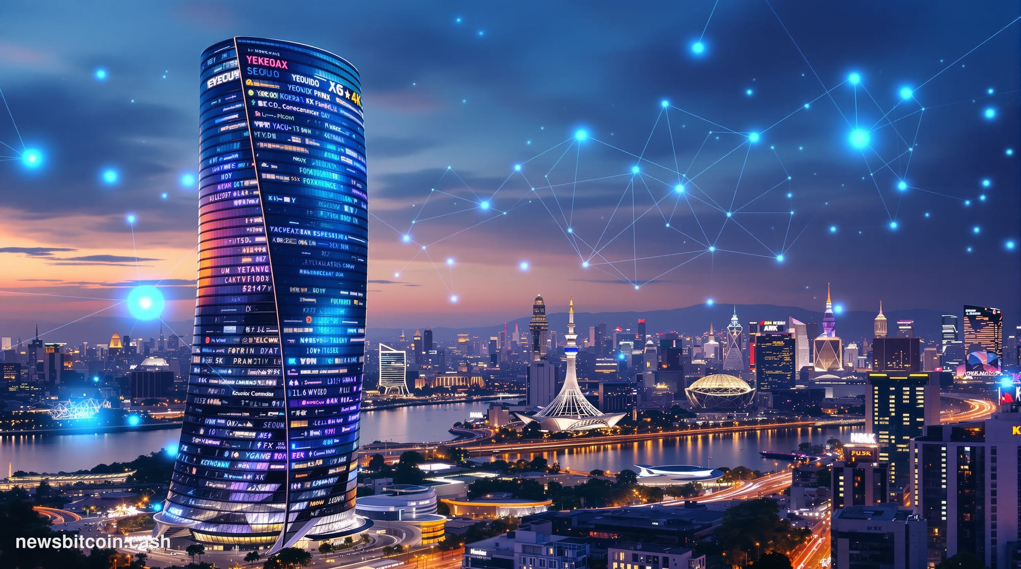 Seoul Yeouido financial district at dusk with blockchain visualization