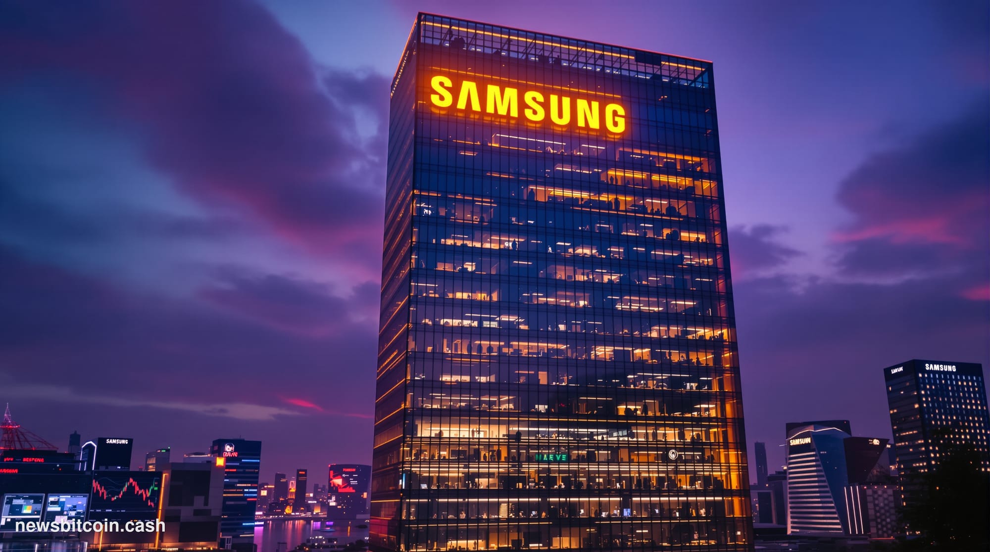 A cinematic photorealistic editorial photograph showing the Samsung headquarters in Seoul's Gangnam district at dusk, with th