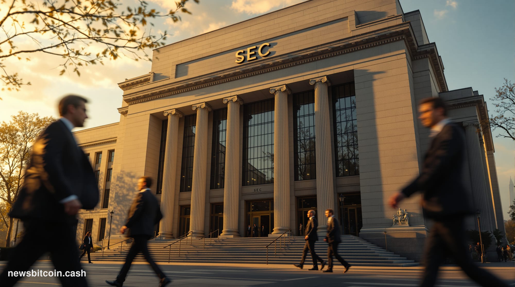 Cinematic photorealistic editorial photograph of the SEC headquarters building in Washington D.C., shot during golden hour wi