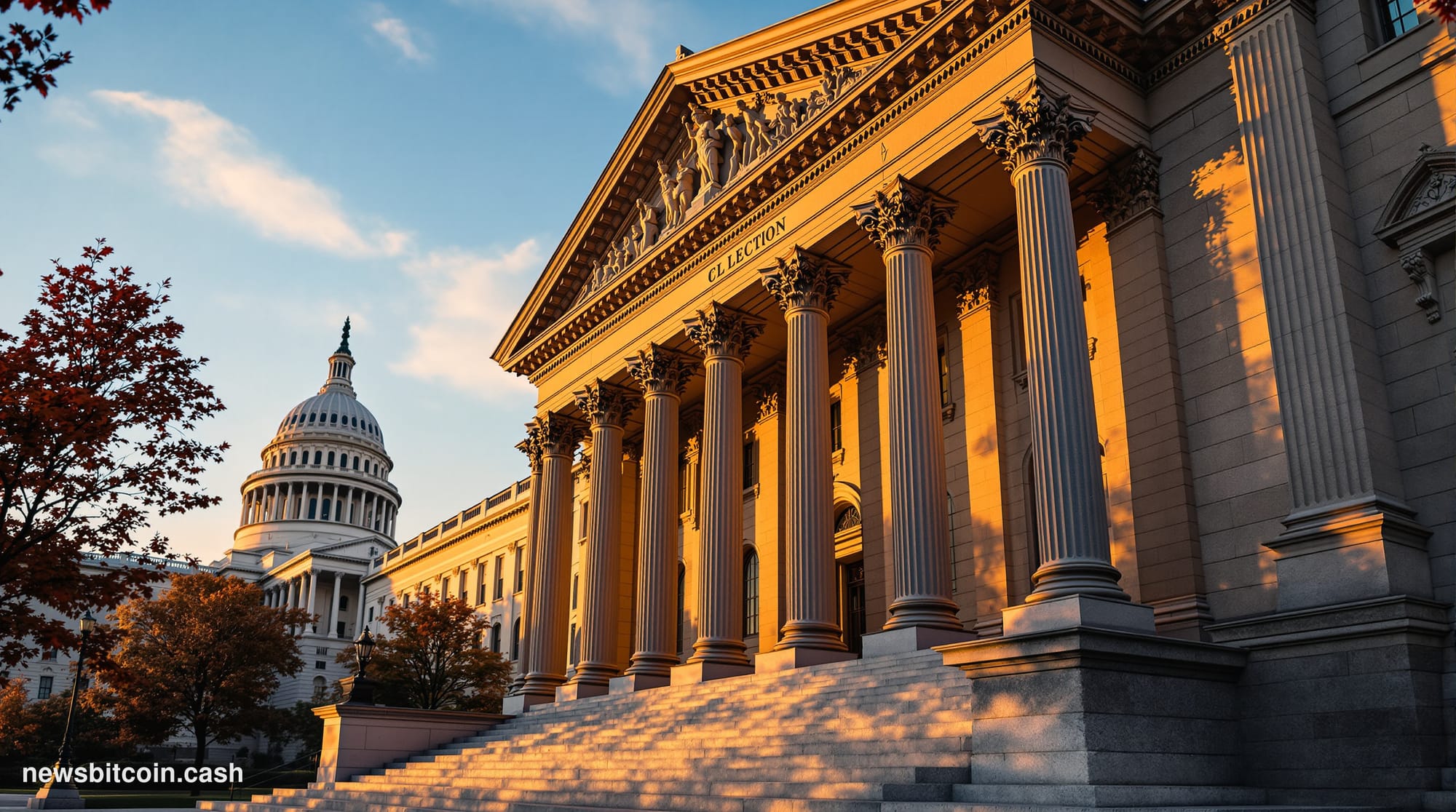 A cinematic photorealistic editorial photograph of the SEC headquarters building in Washington D.C., captured during golden h