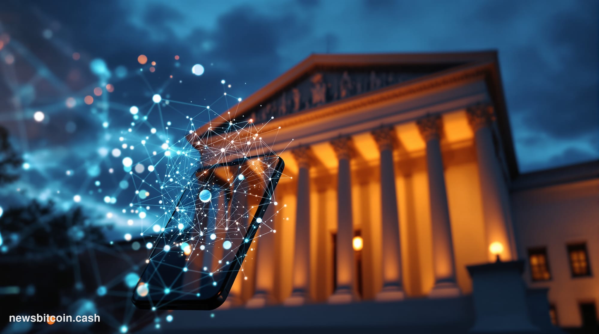 Cinematic photorealistic editorial photograph of the SEC headquarters building in Washington DC at dusk, with its distinctive
