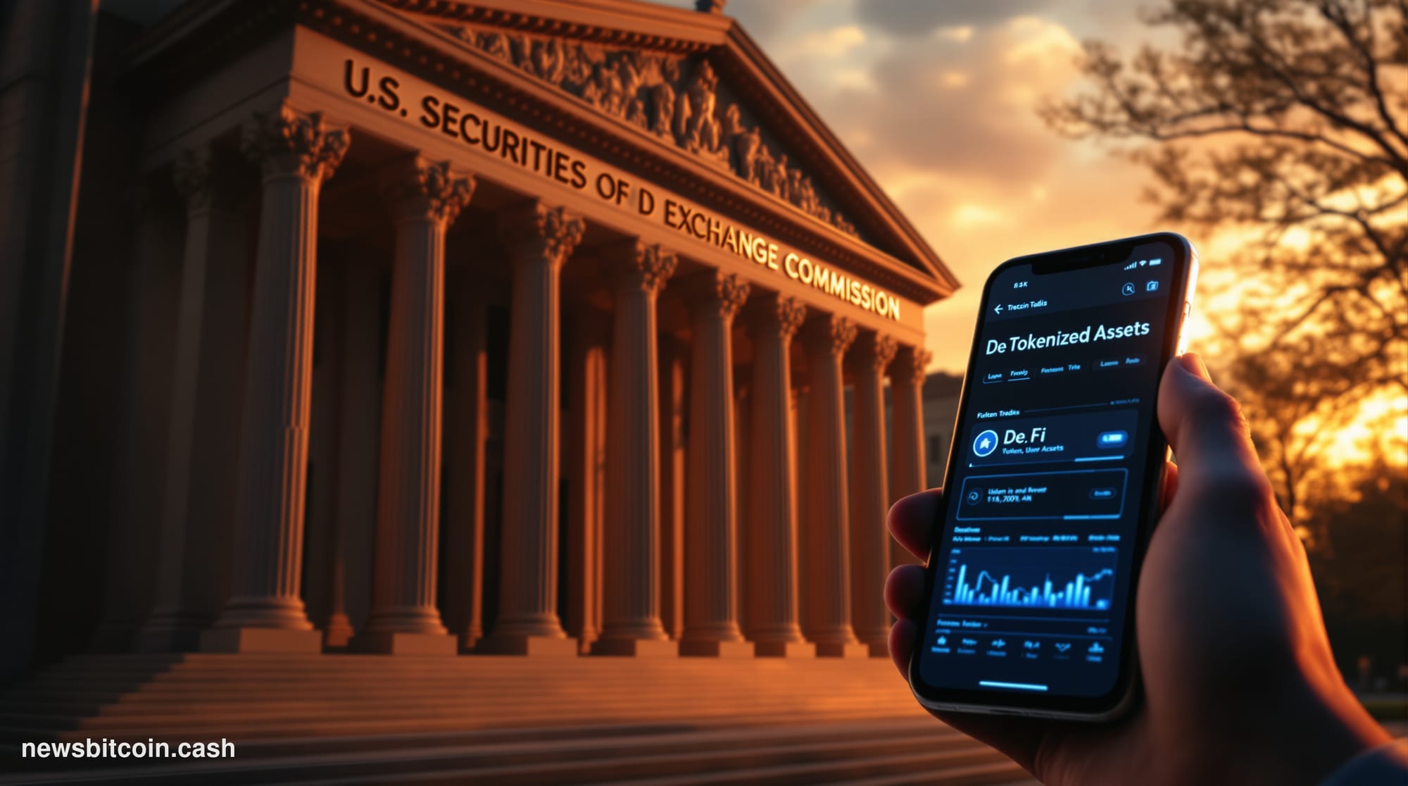 Cinematic photorealistic editorial photograph of the SEC headquarters building in Washington D.C., captured during golden hou