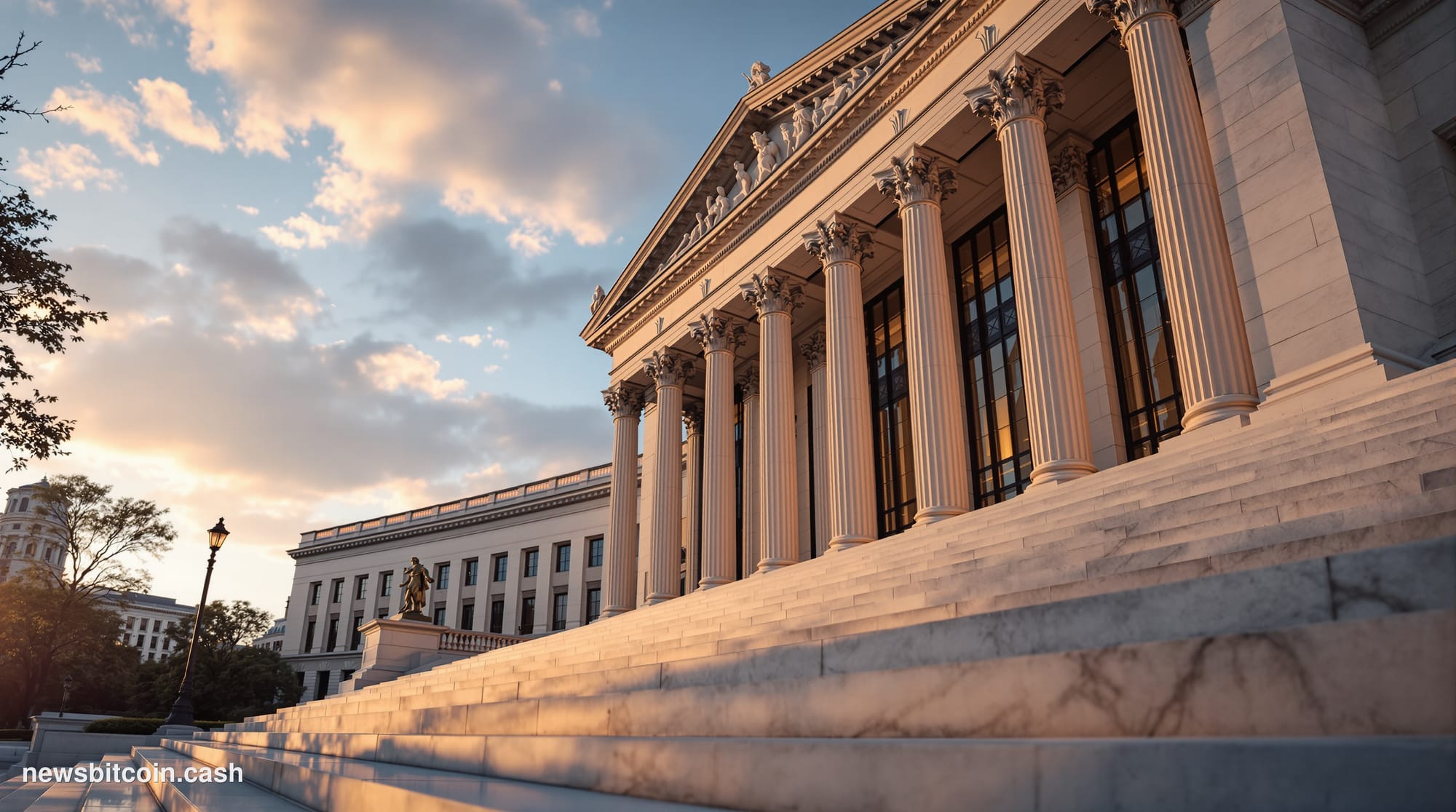 Cinematic photorealistic editorial photograph of the SEC headquarters building in Washington D.C., captured from a low angle 