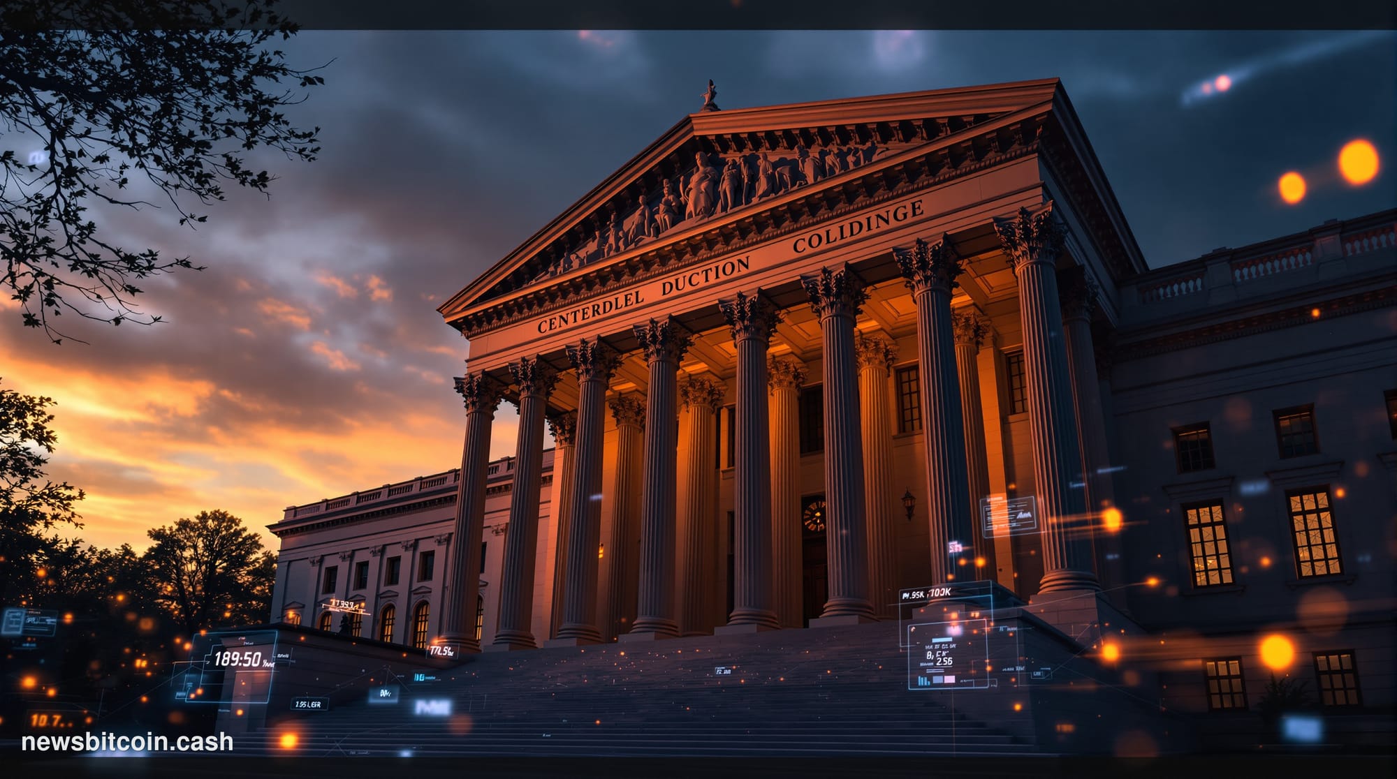 Cinematic photorealistic editorial photograph of the SEC headquarters building in Washington D.C., shot from a low angle with