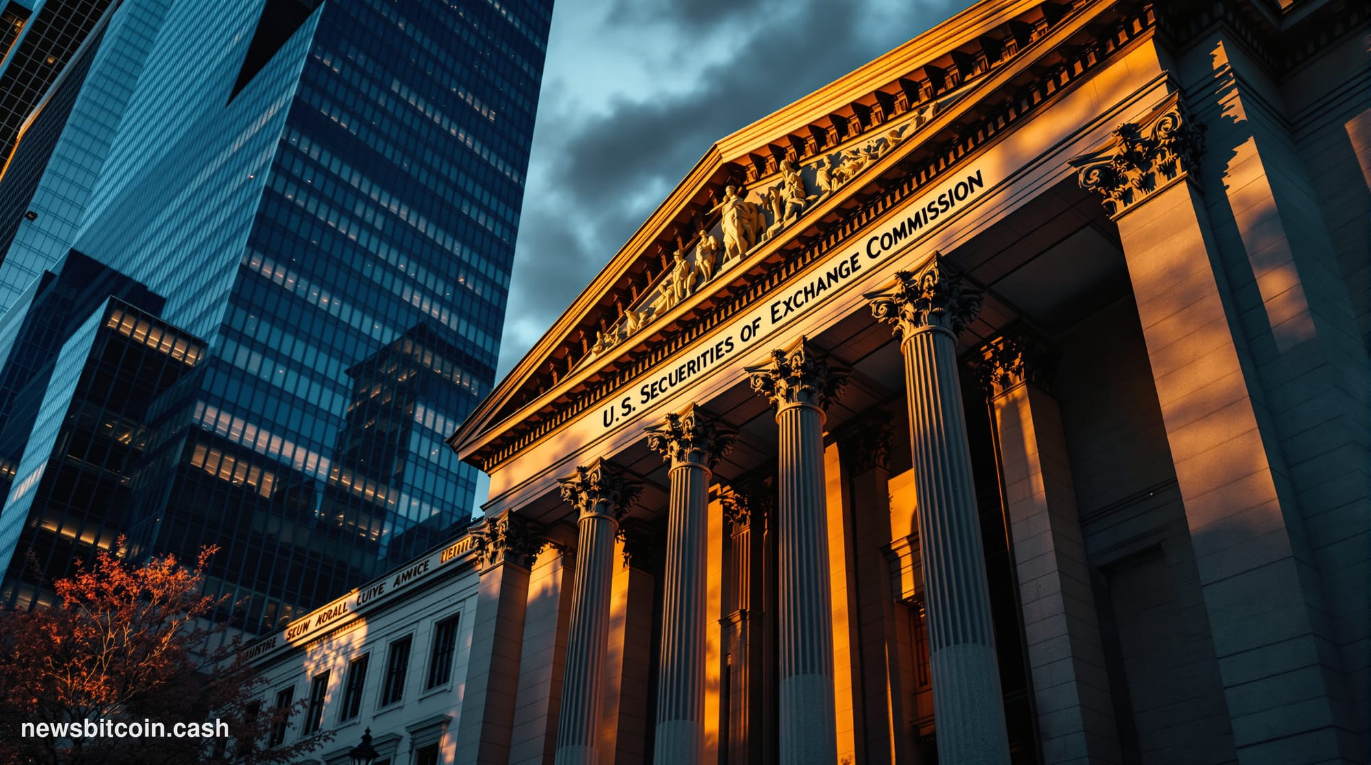 A cinematic photorealistic editorial photograph of the SEC headquarters building in Washington DC, shot during golden hour wi