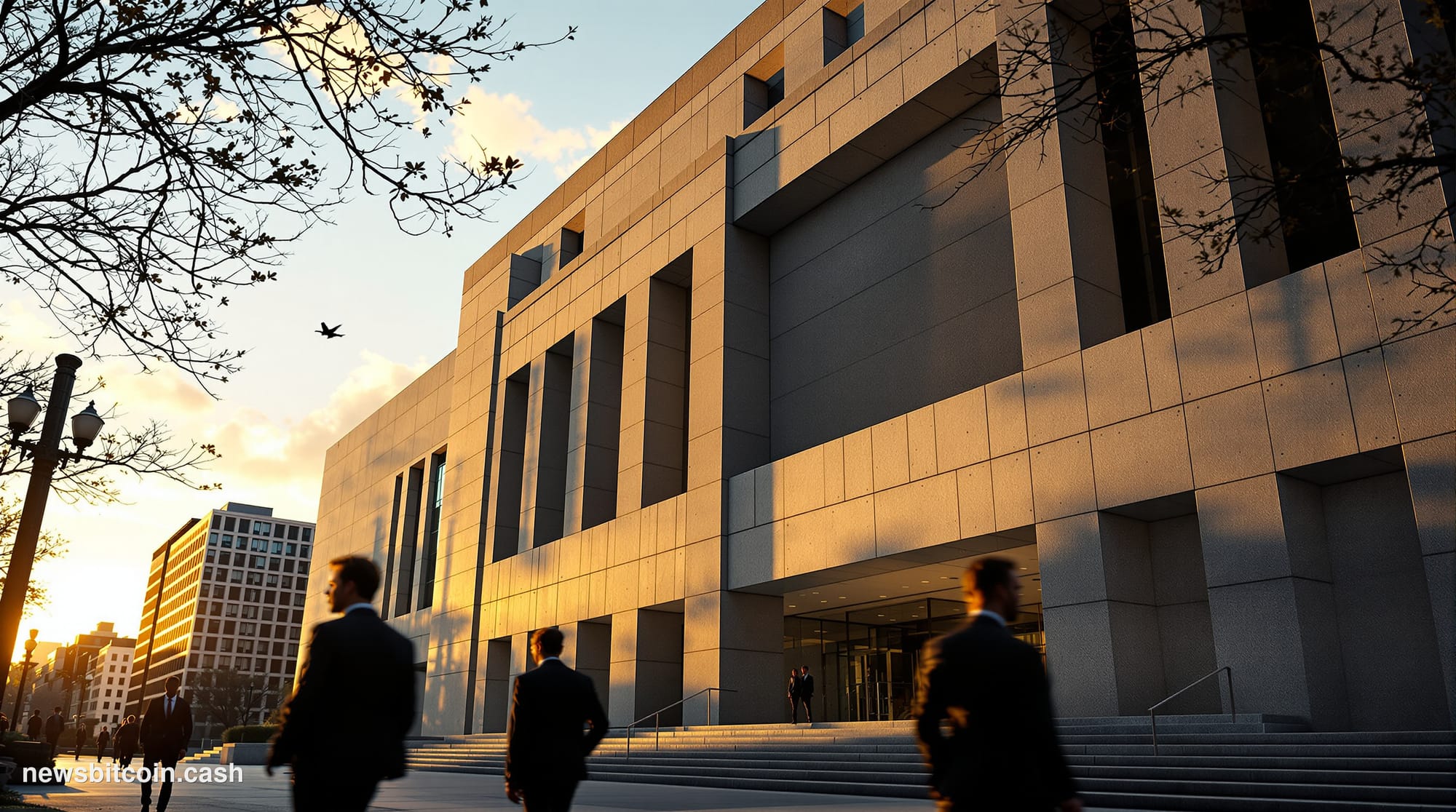 A cinematic photorealistic editorial photograph of the SEC headquarters building in Washington D.C., shot during golden hour 