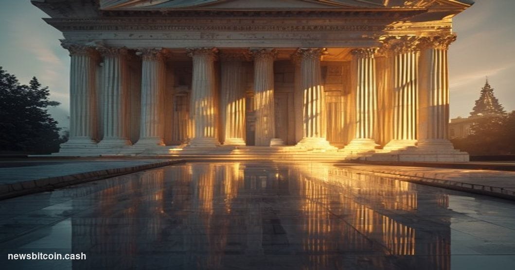 Cinematic photorealistic editorial photograph of the SEC headquarters building in Washington DC during golden hour, with dram
