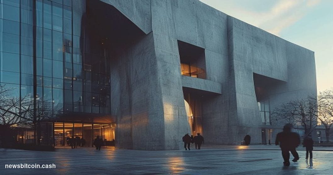 A cinematic photorealistic editorial photograph of the SEC headquarters building in Washington D.C., captured from a low angl
