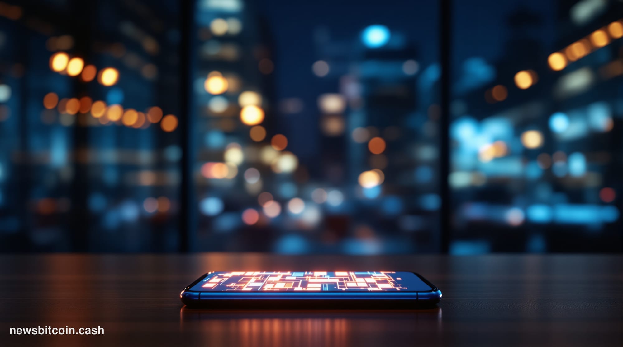 A cinematic photorealistic editorial photograph showing a modern smartphone displaying a Bitcoin wallet interface in the fore