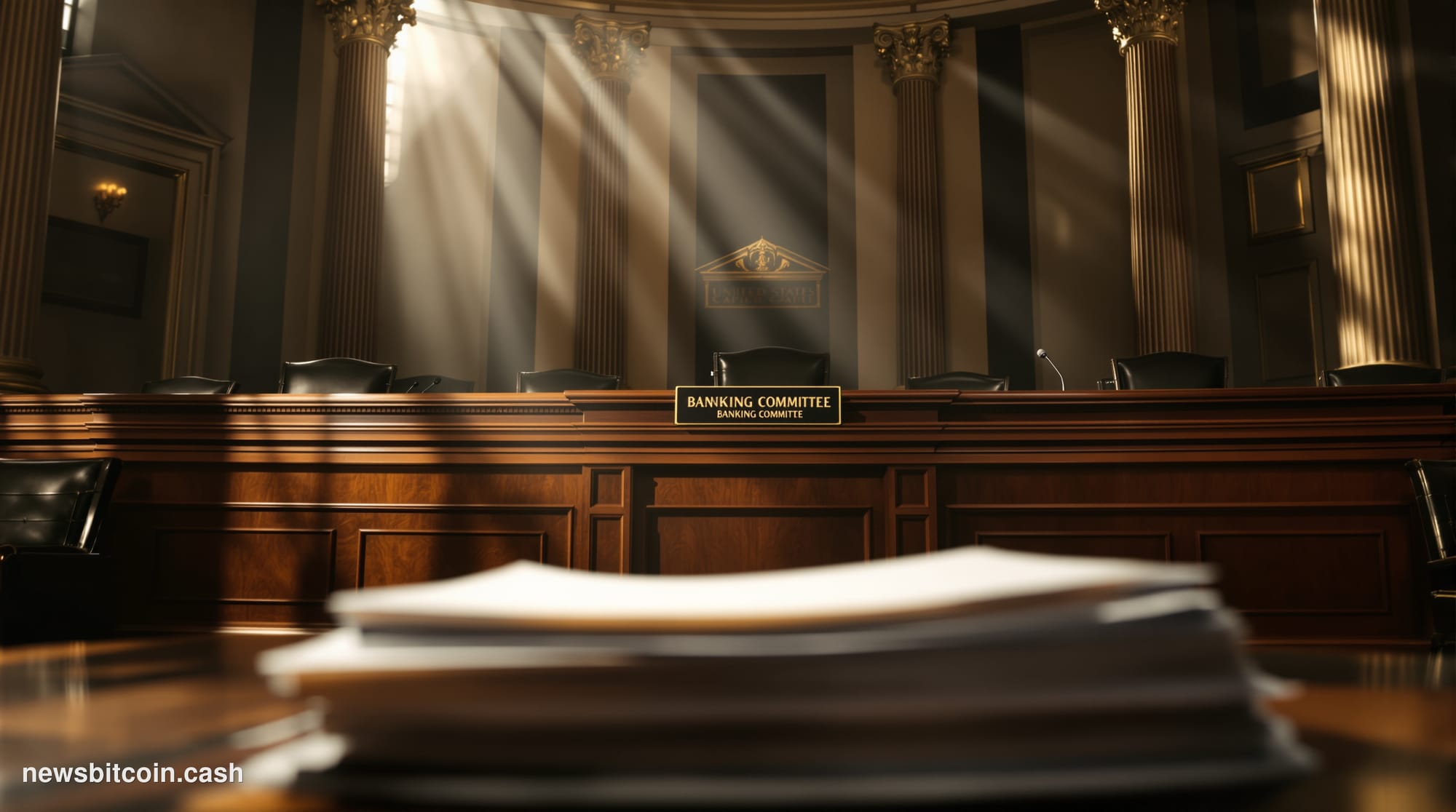 A cinematic photorealistic editorial photograph of the United States Senate Banking Committee hearing room, captured from a t