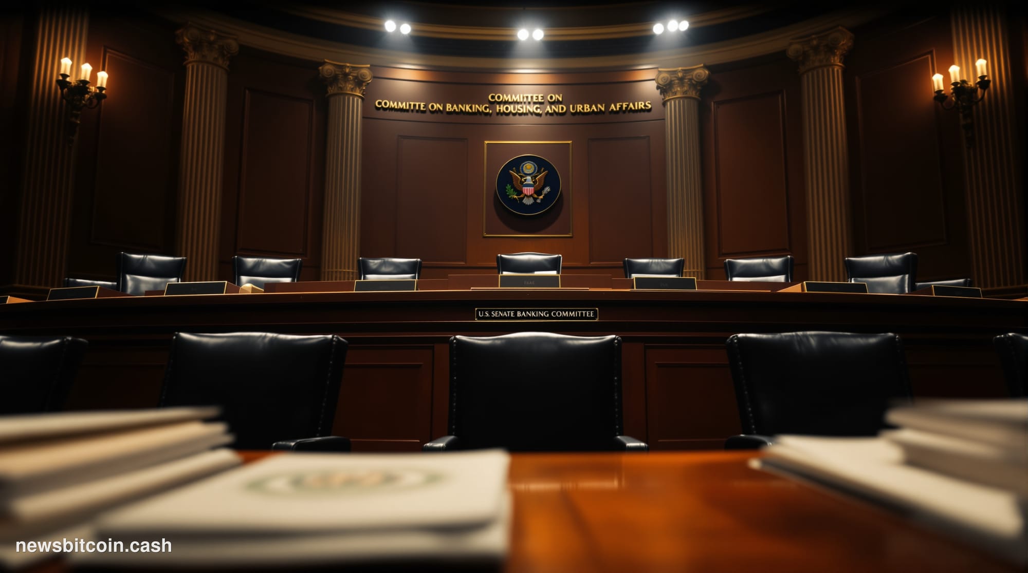 A cinematic photorealistic editorial photograph of the US Senate Banking Committee hearing room in the Hart Senate Office Bui