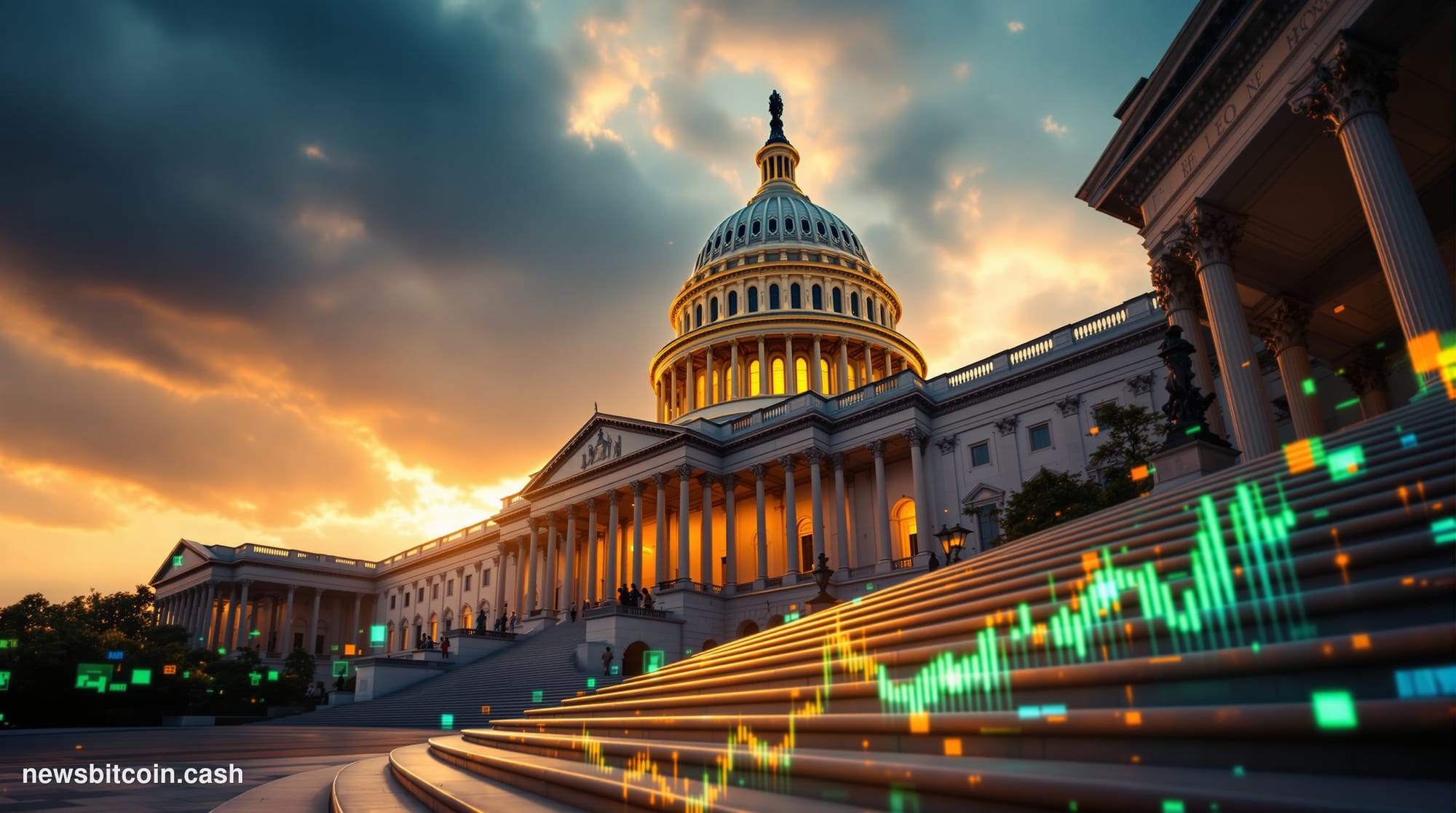 A cinematic photorealistic editorial photograph of the United States Capitol building's Senate wing during golden hour, shot 