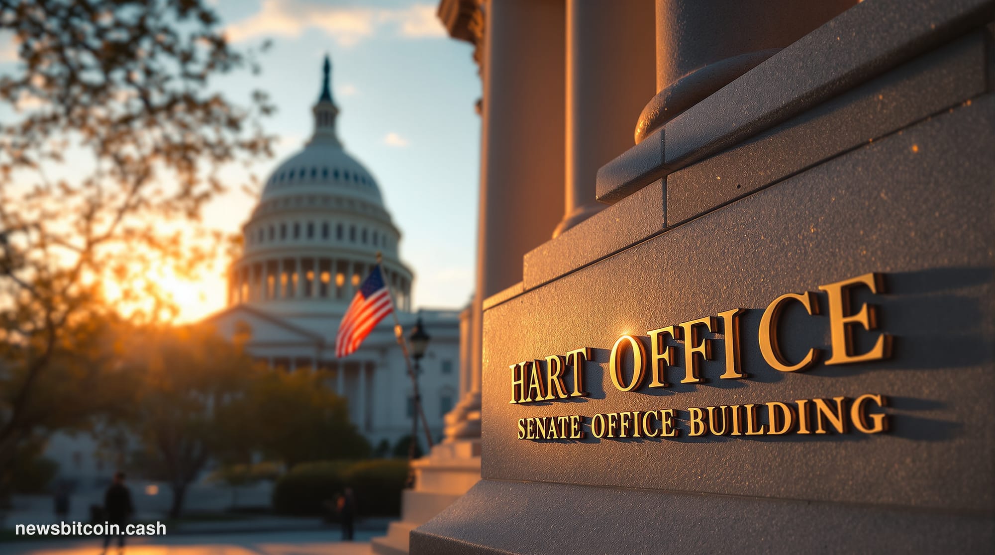 A cinematic photorealistic editorial photograph of the Hart Senate Office Building's imposing neoclassical facade in Washingt