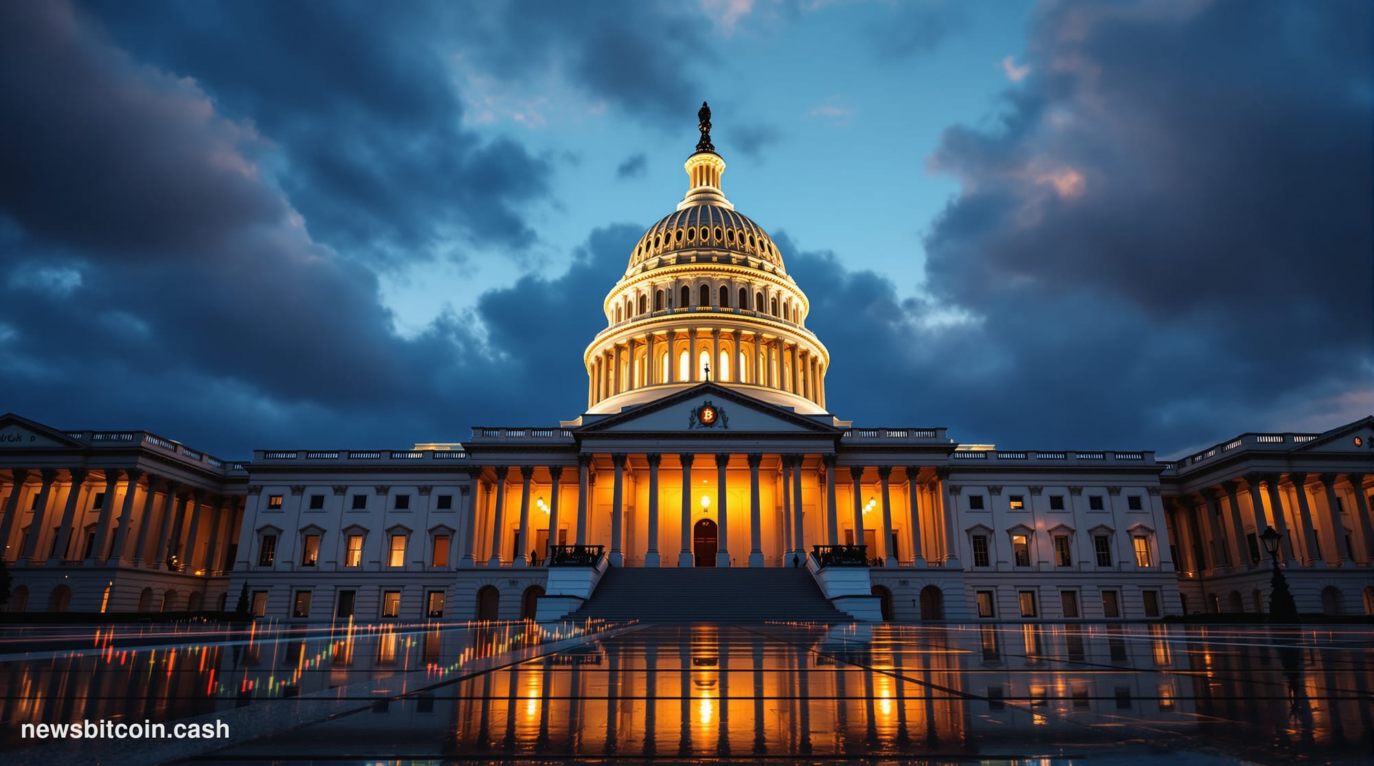 A dramatic cinematic photograph of the United States Capitol building at dusk, with warm golden hour lighting casting long sh
