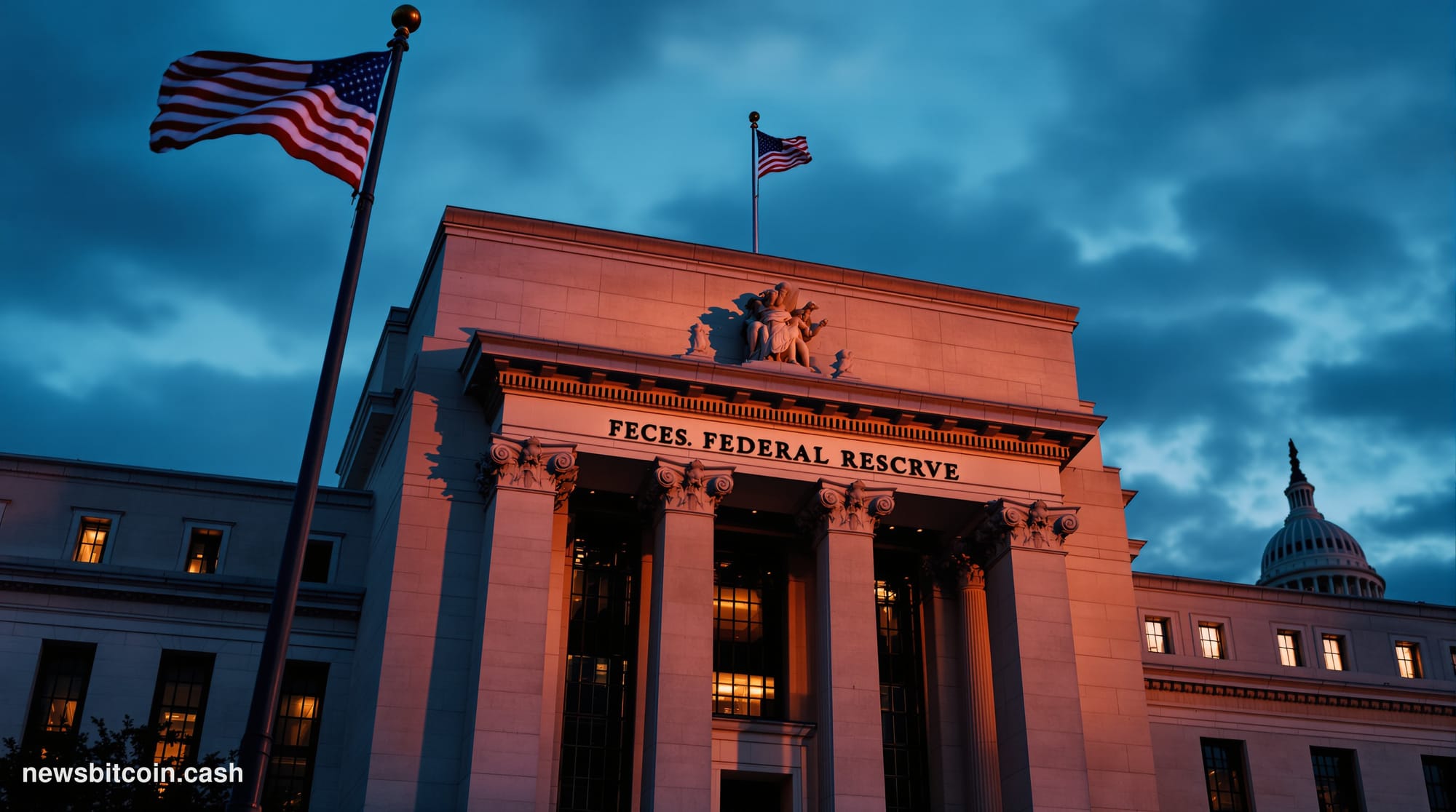 A cinematic photorealistic editorial photograph of the imposing Federal Reserve building in Washington D.C., captured from a 