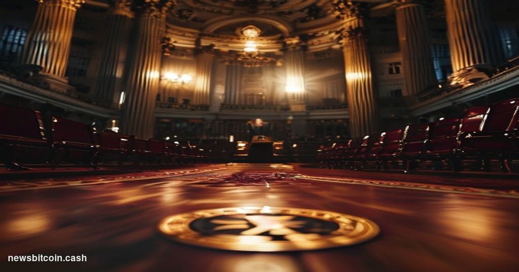 Cinematic photorealistic editorial photograph of the United States Senate chamber during a tense evening session, dramatic wa