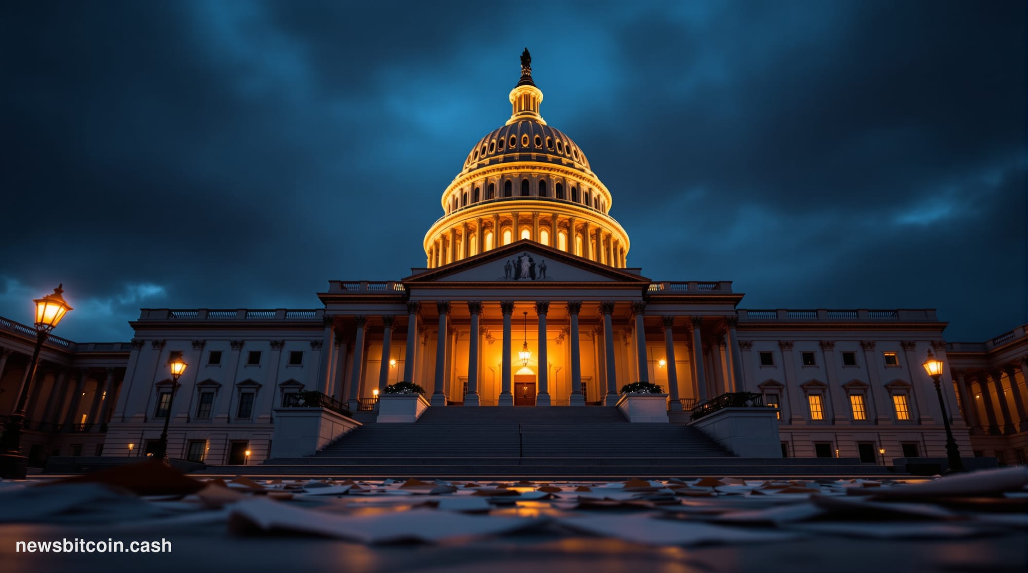 A dramatic cinematic photograph of the United States Capitol building at dusk, shot from a low angle to emphasize the imposin