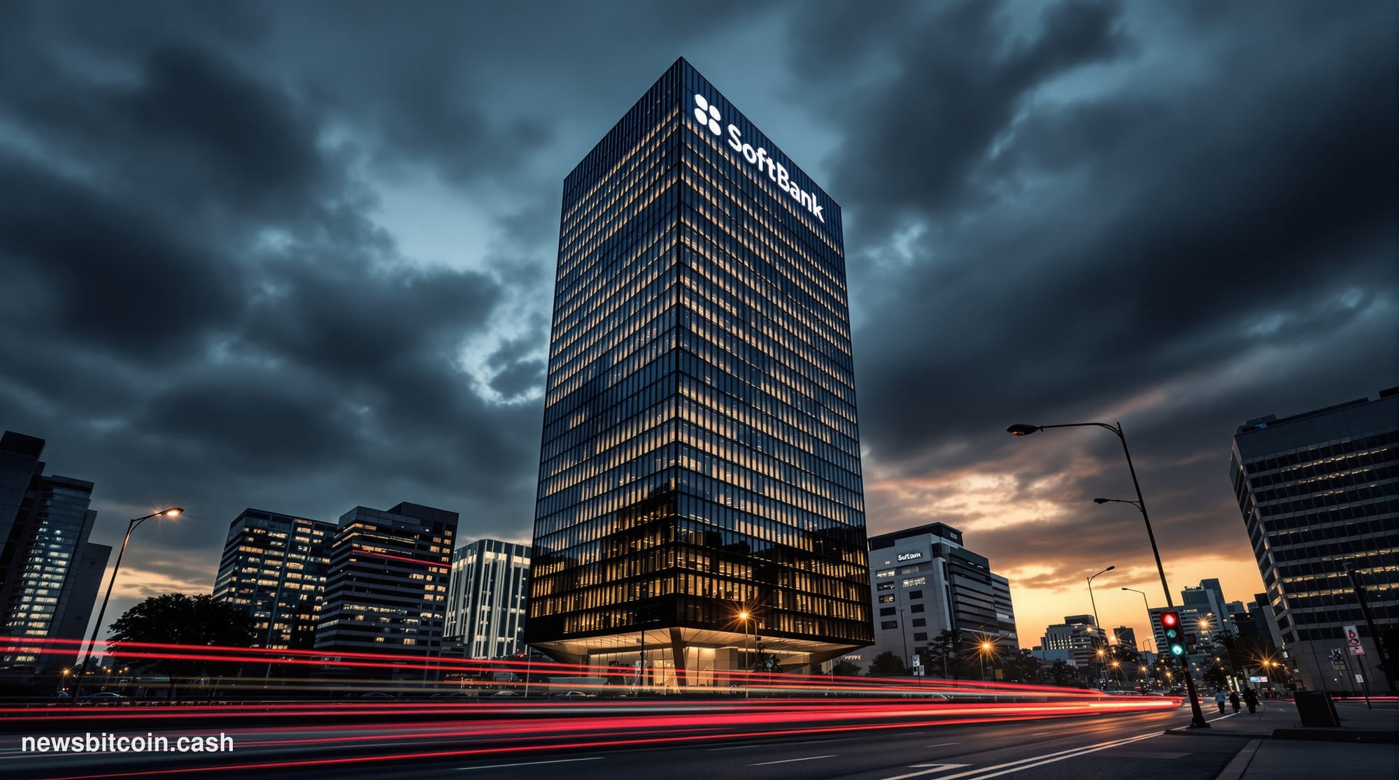 A cinematic photorealistic editorial photograph showing the towering SoftBank headquarters in Tokyo's Minato district at dusk