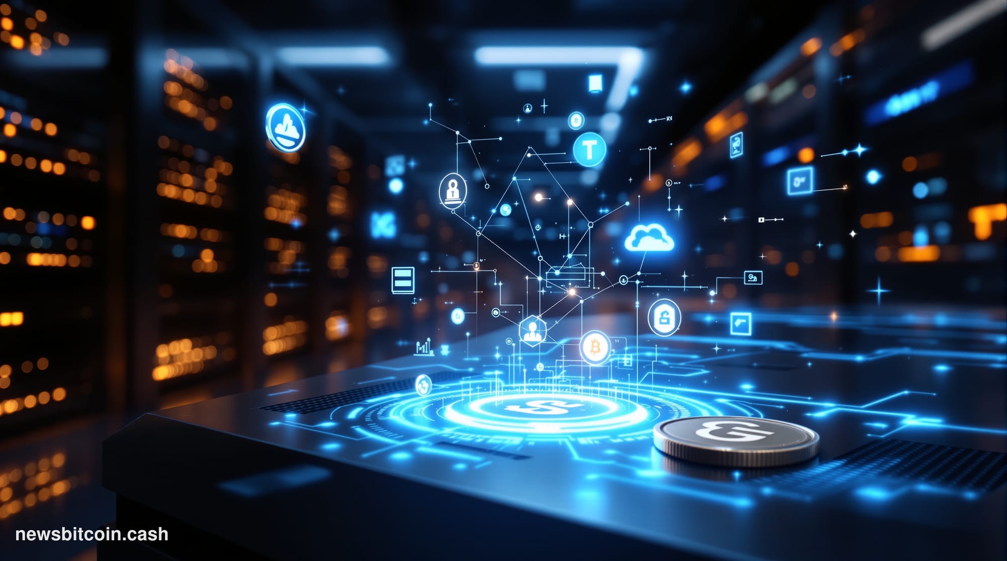 Cinematic photorealistic editorial photograph showing a sleek modern data center server room with warm amber lighting casting