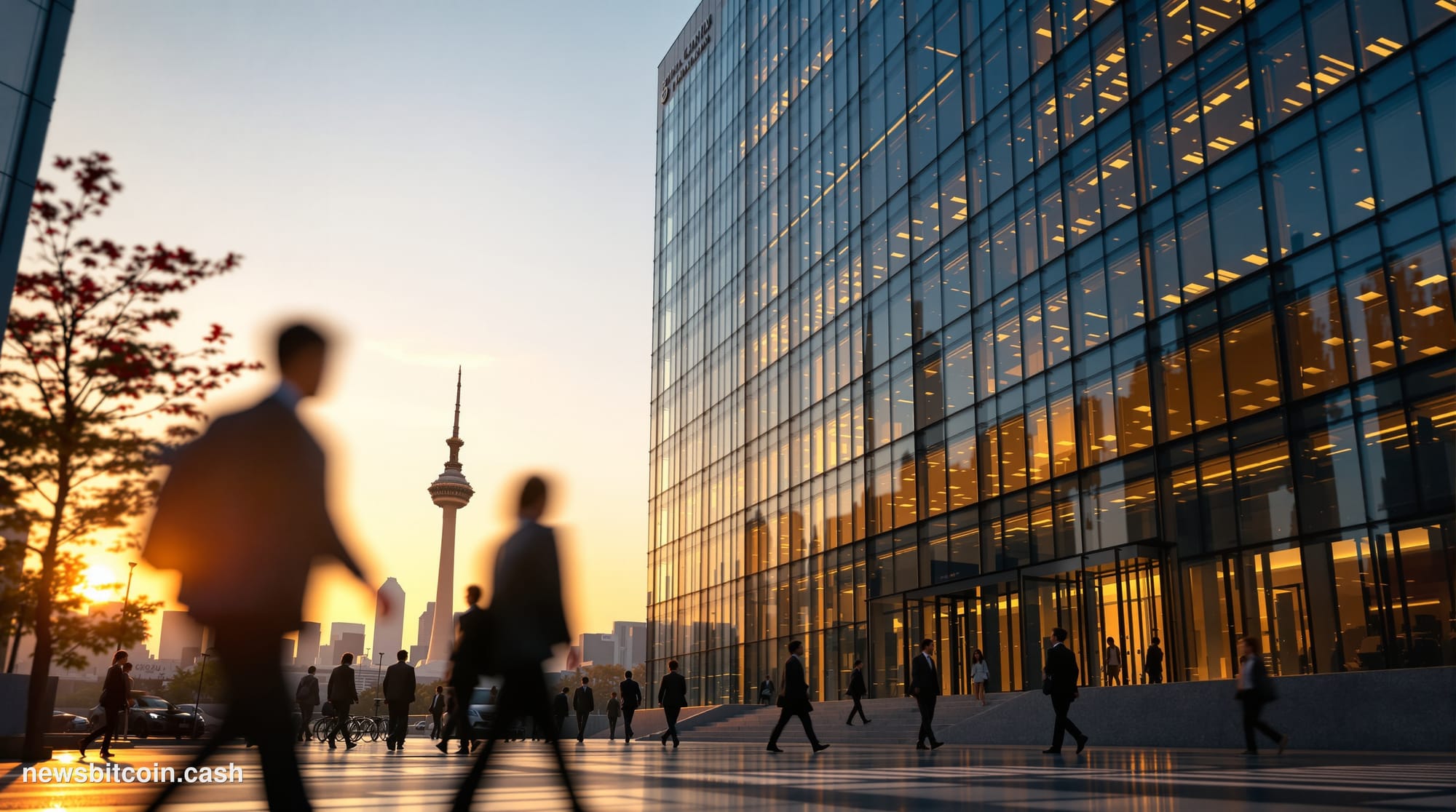 A cinematic photorealistic editorial photograph of the Financial Services Commission headquarters building in Seoul, South Ko