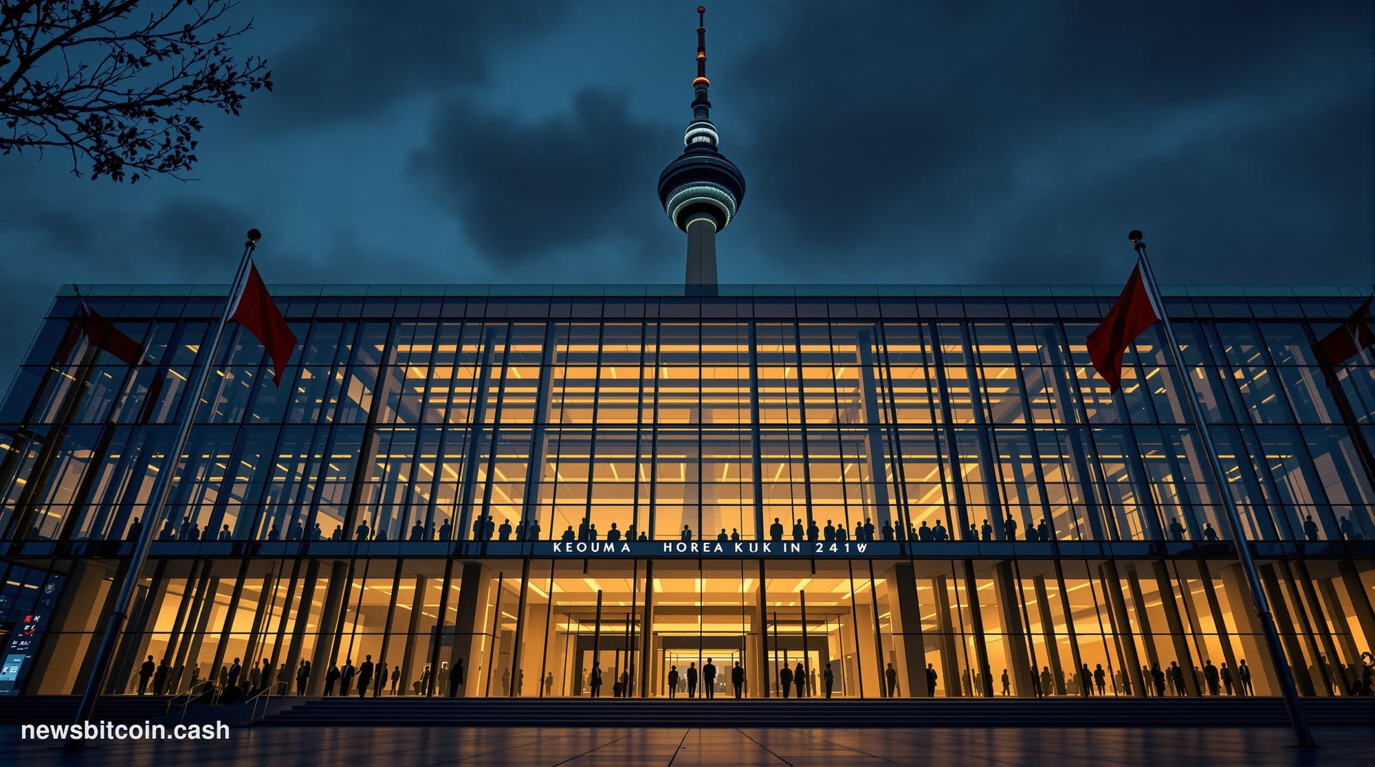 A dramatic photorealistic editorial photograph of South Korean law enforcement headquarters in Seoul at dusk, with the iconic