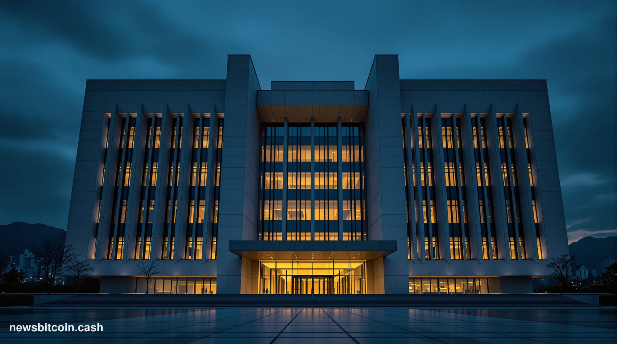 A cinematic photorealistic editorial photograph showing the Seoul Central District Prosecutors' Office building exterior at d