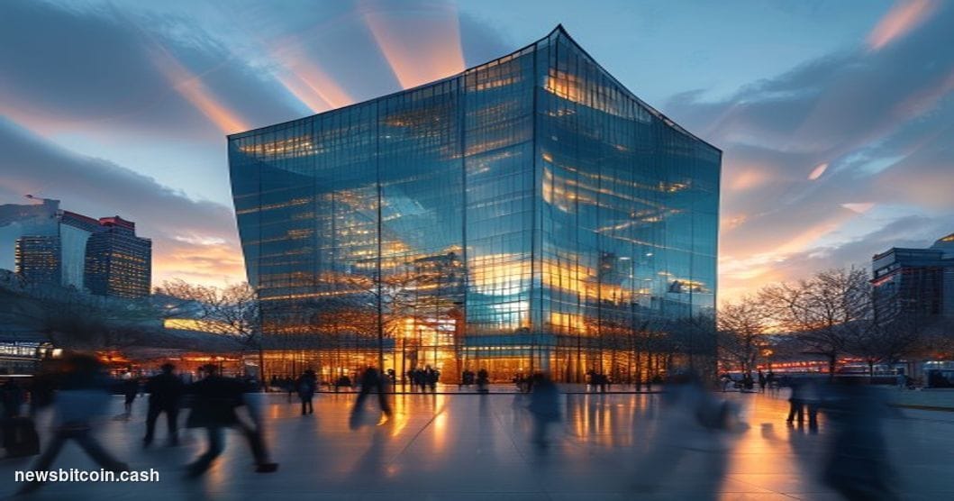 A cinematic photorealistic editorial photograph of KB Financial Group's modern glass headquarters building in Seoul, South Ko