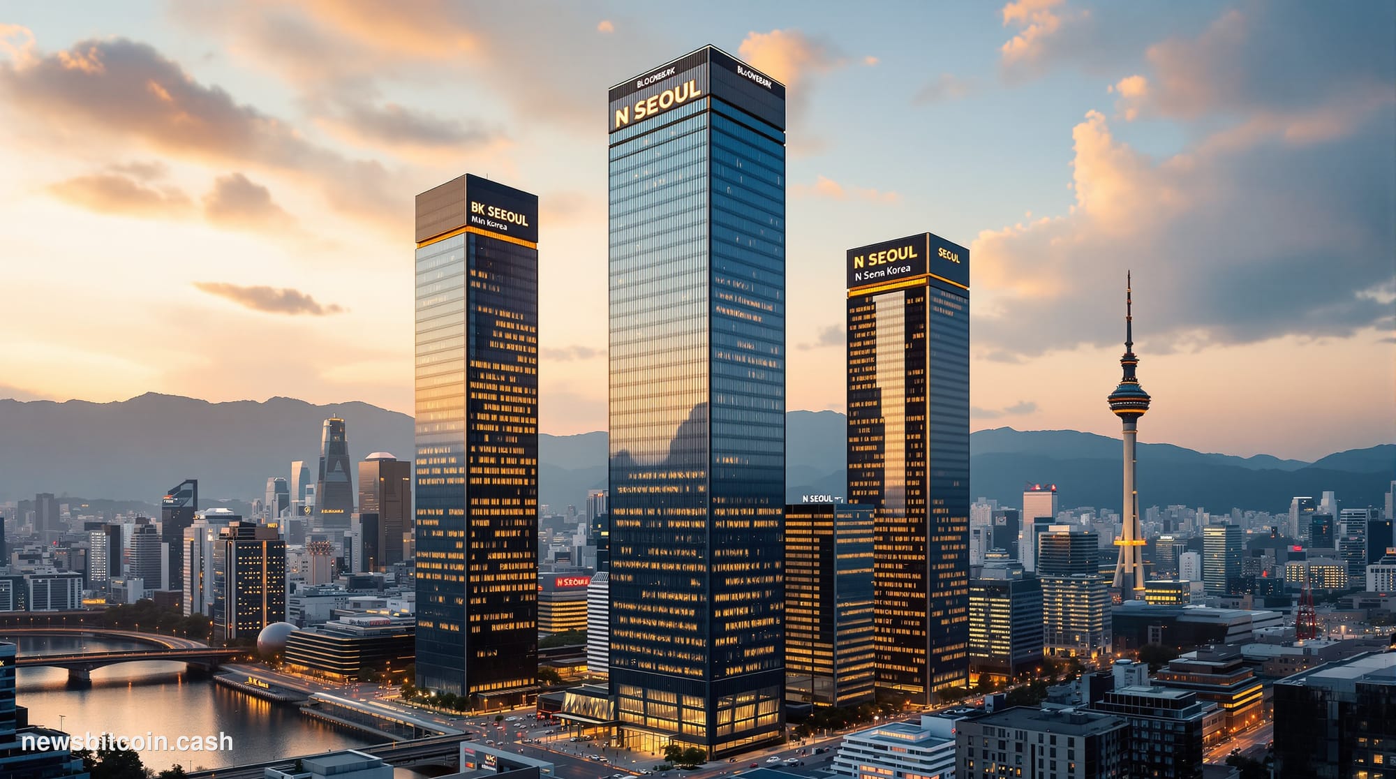 A cinematic photorealistic editorial photograph of Seoul's modern financial district at dusk, featuring the imposing glass to