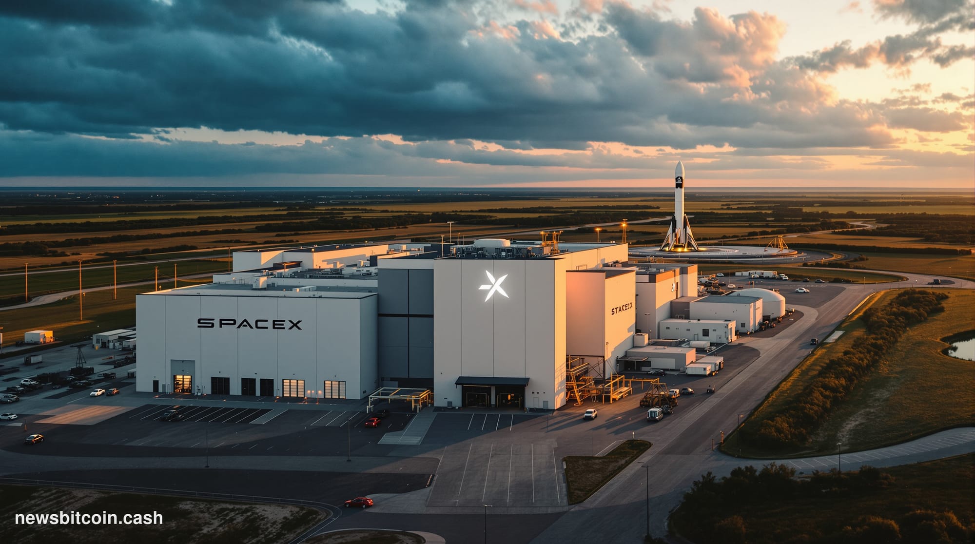 A dramatic aerial photograph of SpaceX's Starbase facility in Boca Chica, Texas, captured during golden hour with warm orange