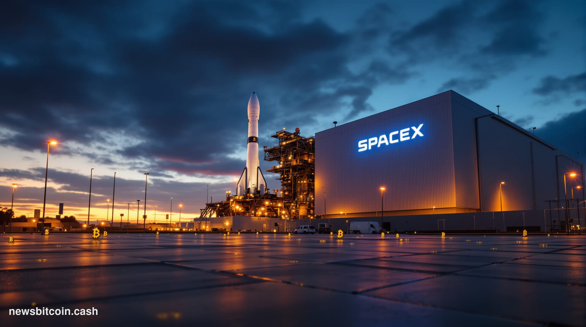 Cinematic photorealistic editorial photograph of SpaceX's Hawthorne headquarters at dusk, with the iconic rocket assembly bui