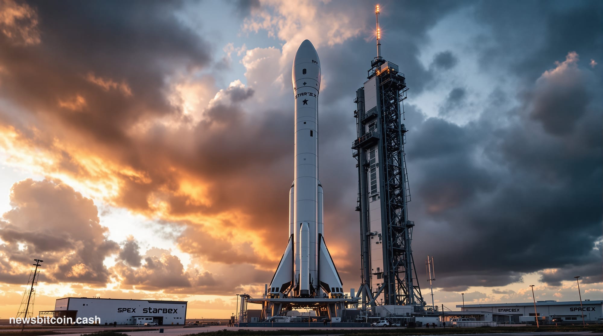 A cinematic photorealistic editorial photograph showing SpaceX's Starbase facility in Boca Chica, Texas at golden hour, with 