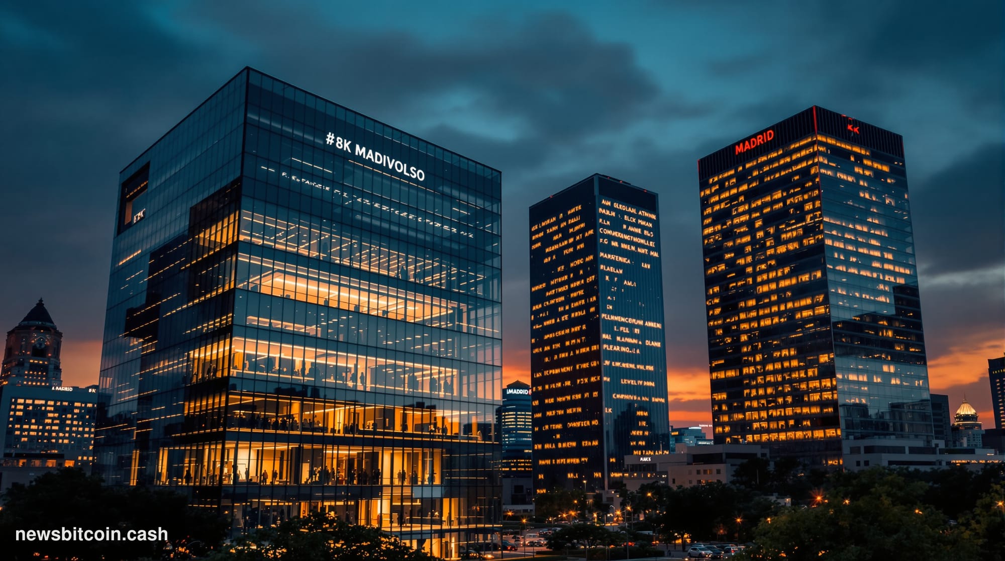 A dramatic cinematic photograph of Madrid's financial district at dusk, featuring the imposing glass towers of Spanish regula