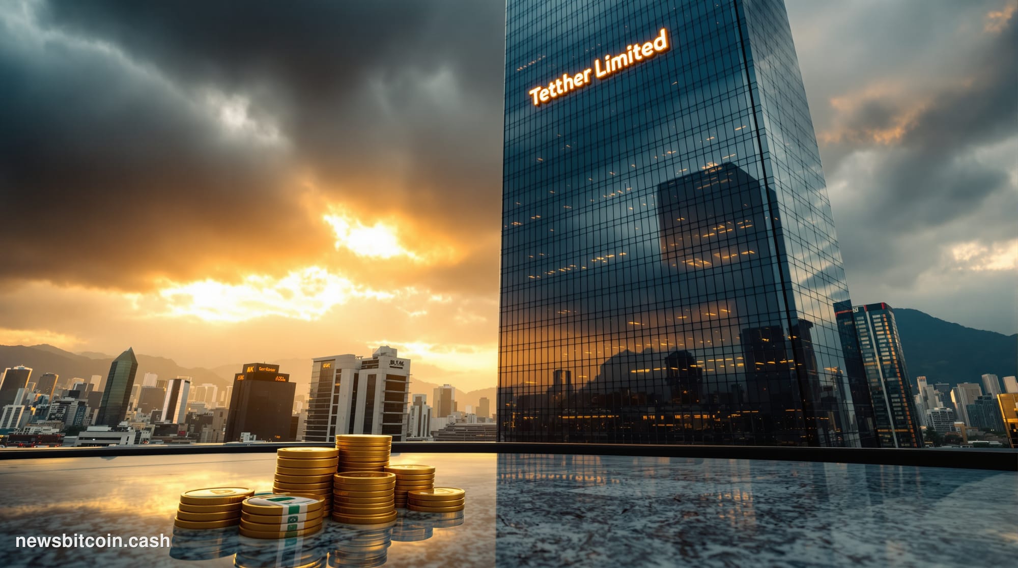 A dramatic photorealistic editorial photograph of the Tether Limited headquarters building in Hong Kong's financial district,