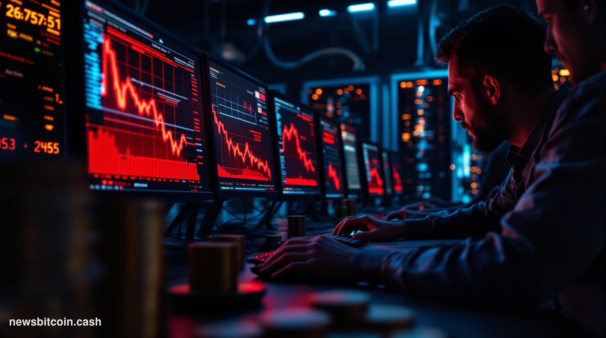 A cinematic photorealistic editorial photograph showing a darkened cryptocurrency trading floor or blockchain security operat