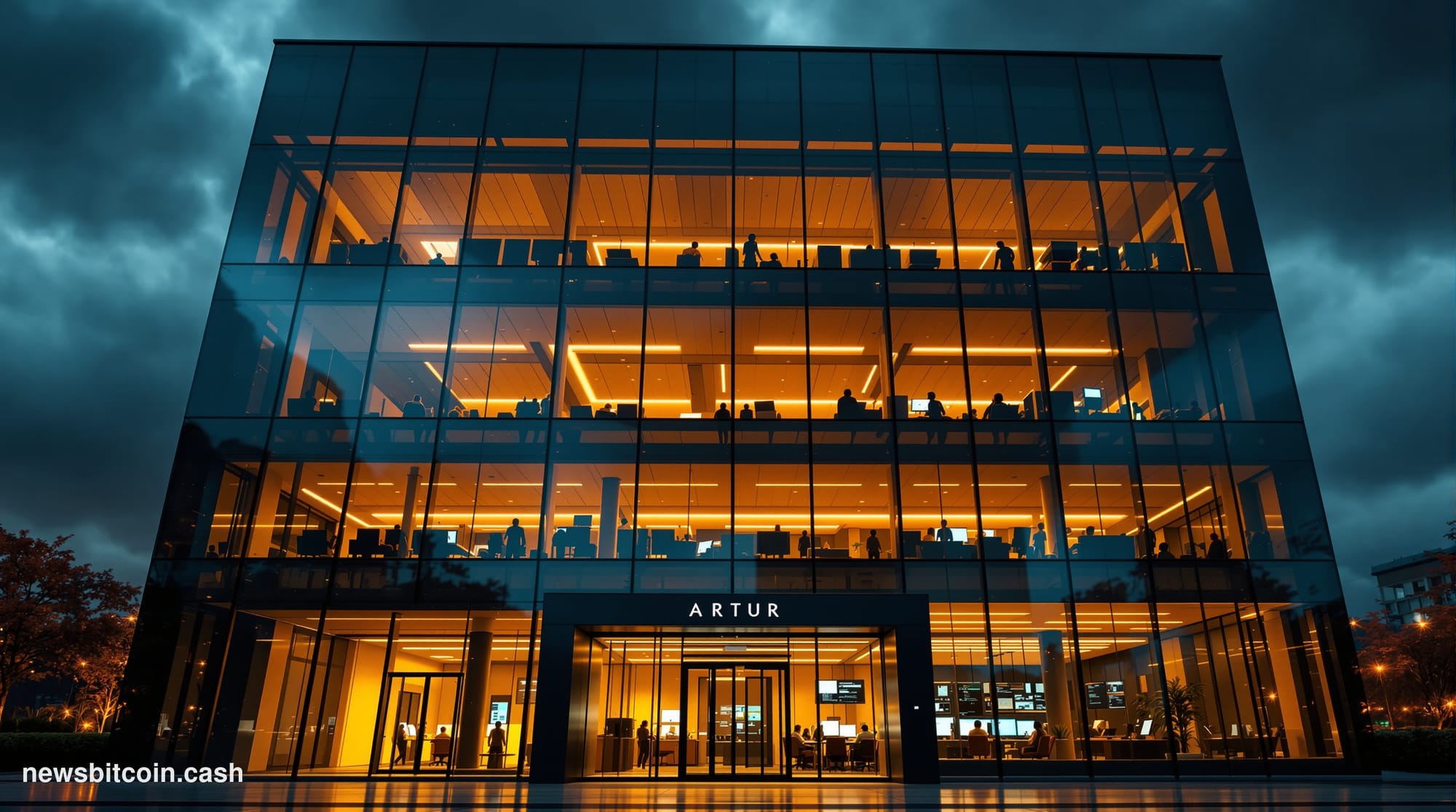 A cinematic photorealistic editorial photograph showing a modern glass office building at dusk with warm interior lighting co