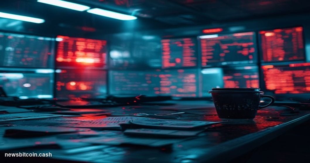 A cinematic photorealistic editorial photograph of a high-tech security control room in crisis mode, shot from a dramatic low