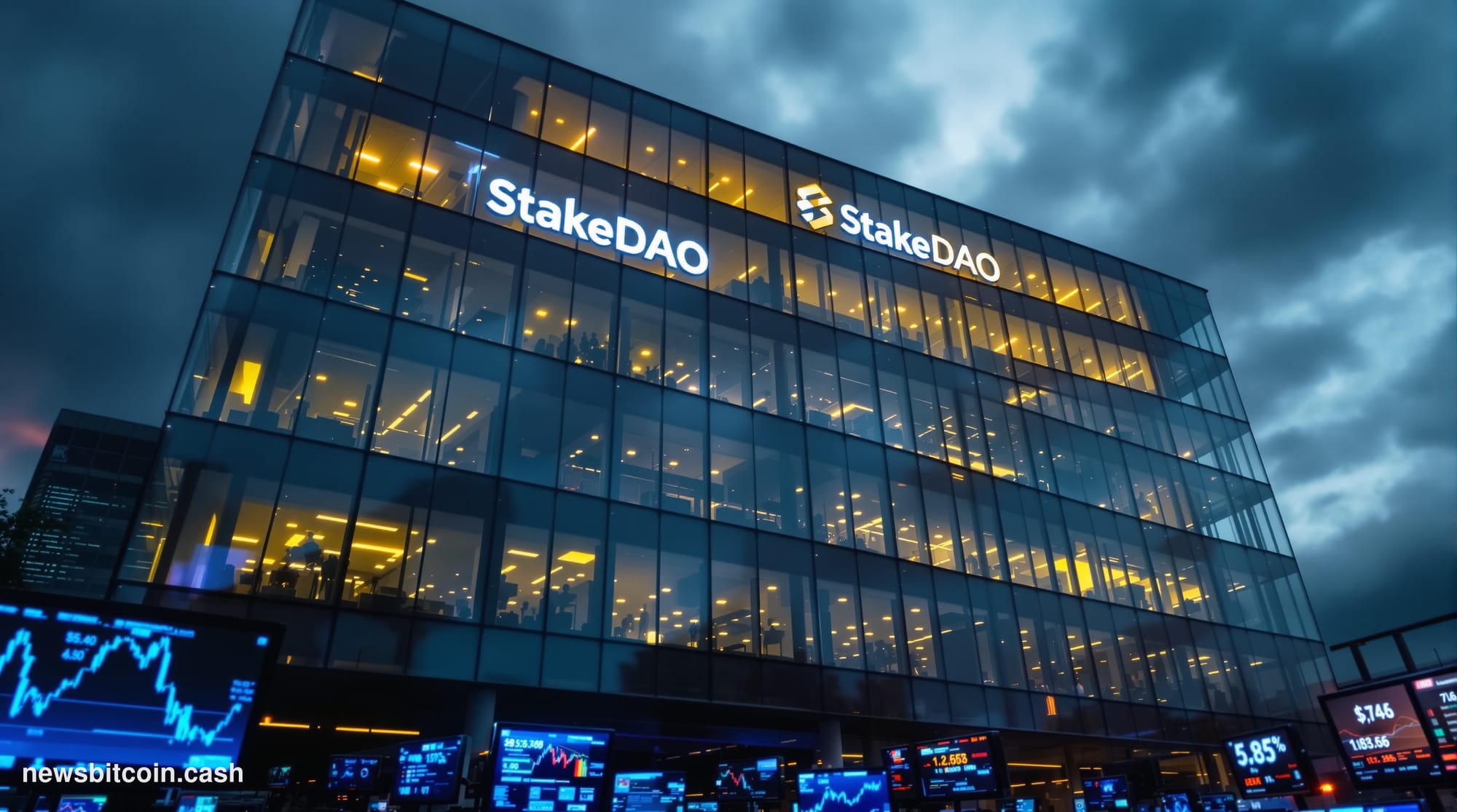 A dramatic cinematic photograph of a modern glass office building with subtle "StakeDAO" signage visible on the facade, shot 