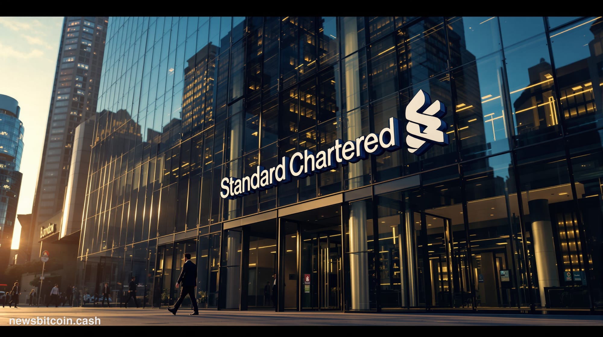 A cinematic photorealistic editorial photograph showing Standard Chartered's iconic London headquarters at 1 Basinghall Avenu