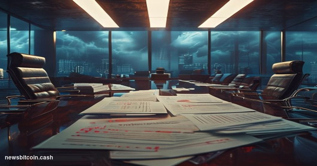 A cinematic photorealistic editorial photograph of a modern corporate boardroom in crisis, shot from a low angle looking up a
